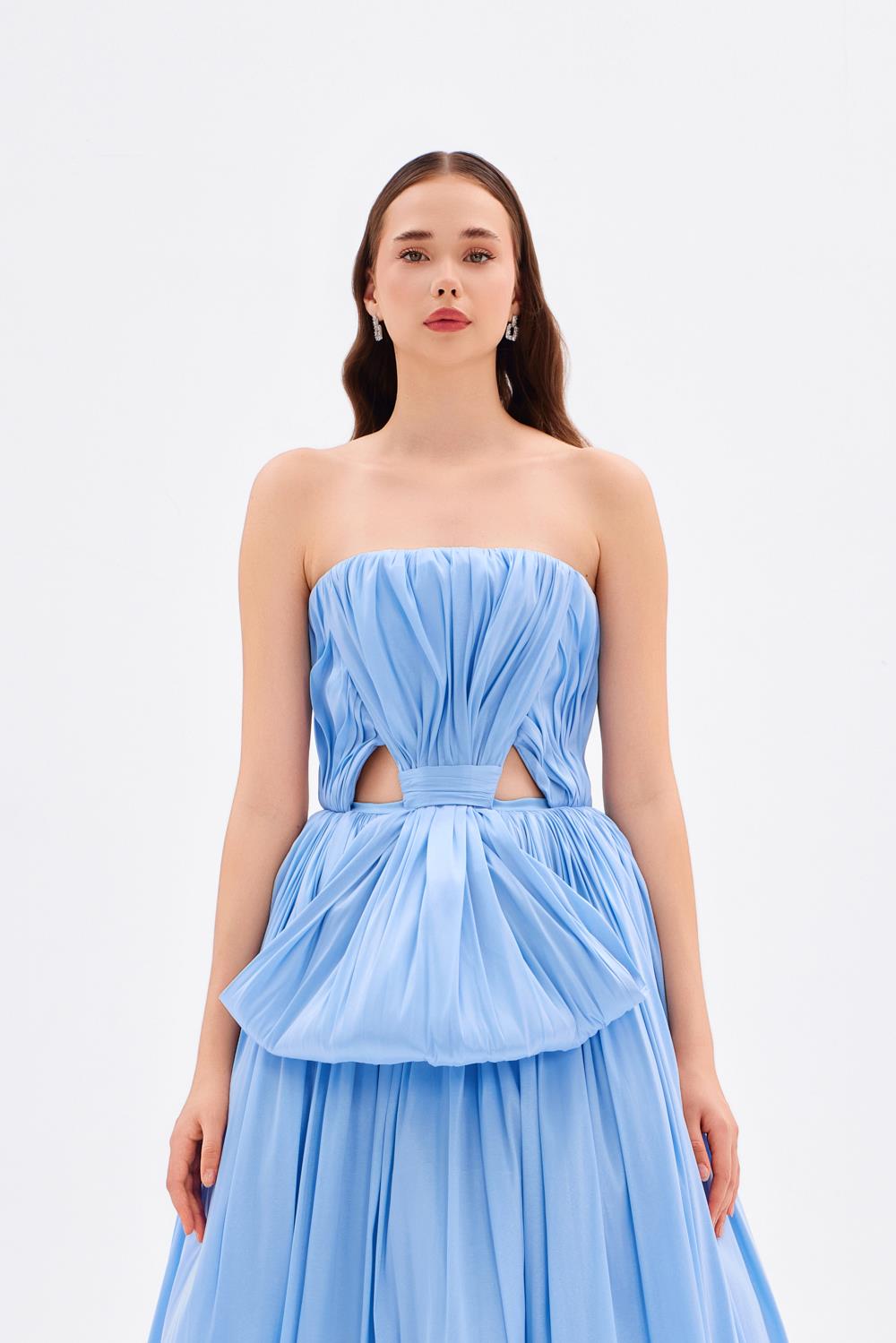 Drapeli Fiyonk Detaylı Uzun Abiye Elbise - 9197C