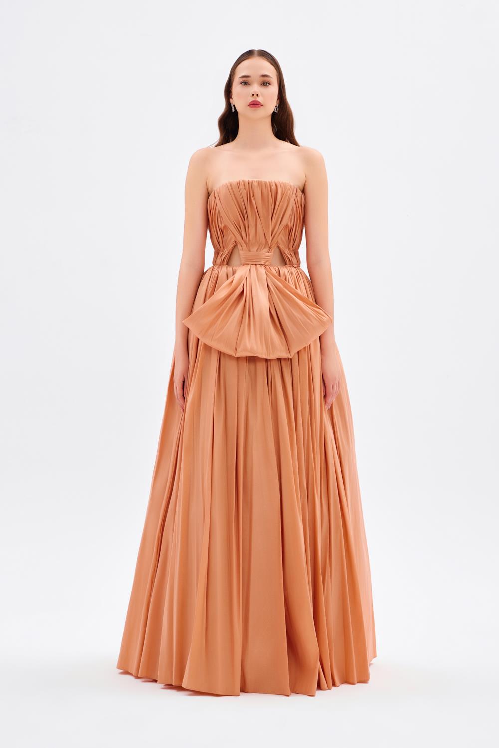 Drapeli Fiyonk Detaylı Uzun Abiye Elbise - 9197C