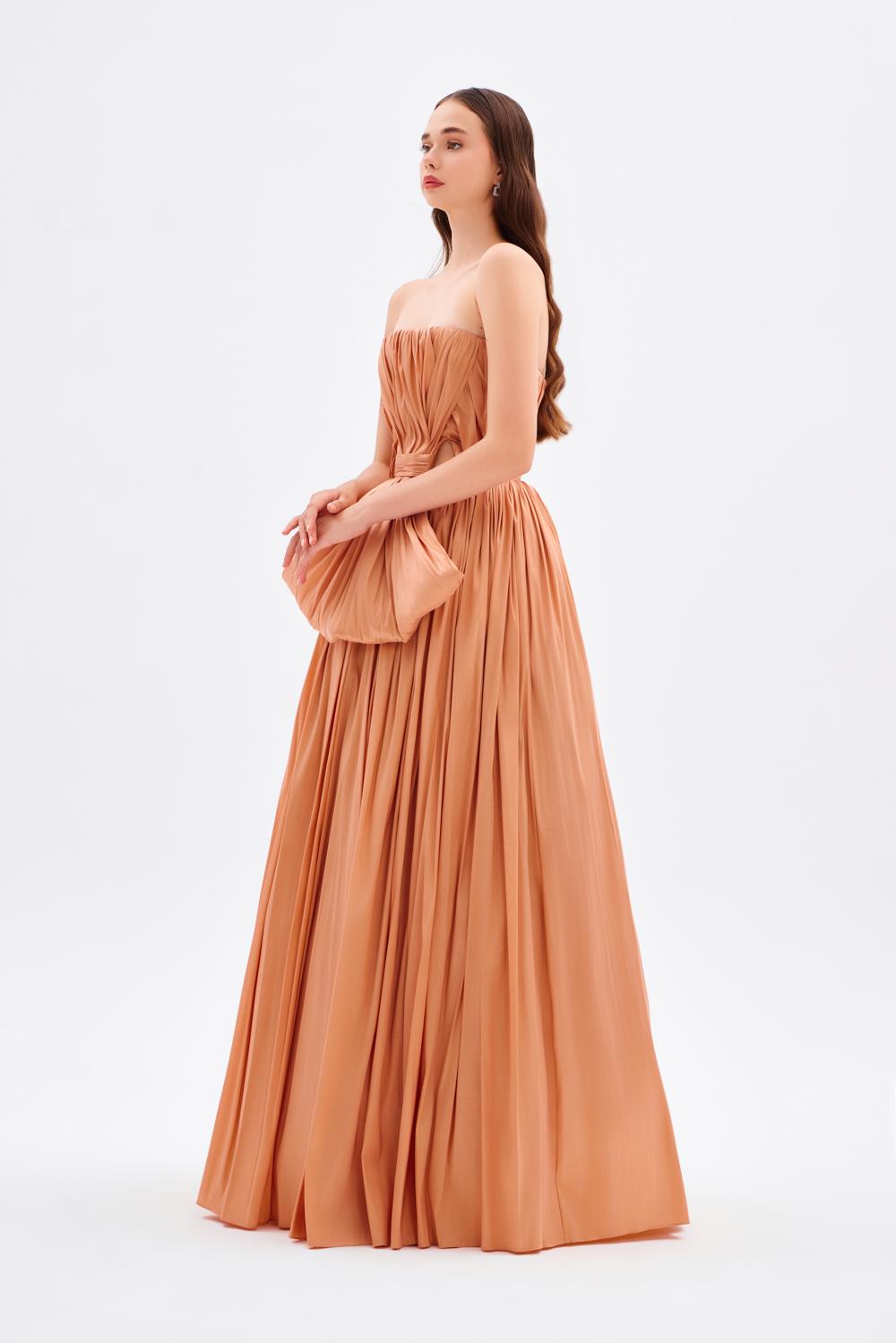 Drapeli Fiyonk Detaylı Uzun Abiye Elbise - 9197C