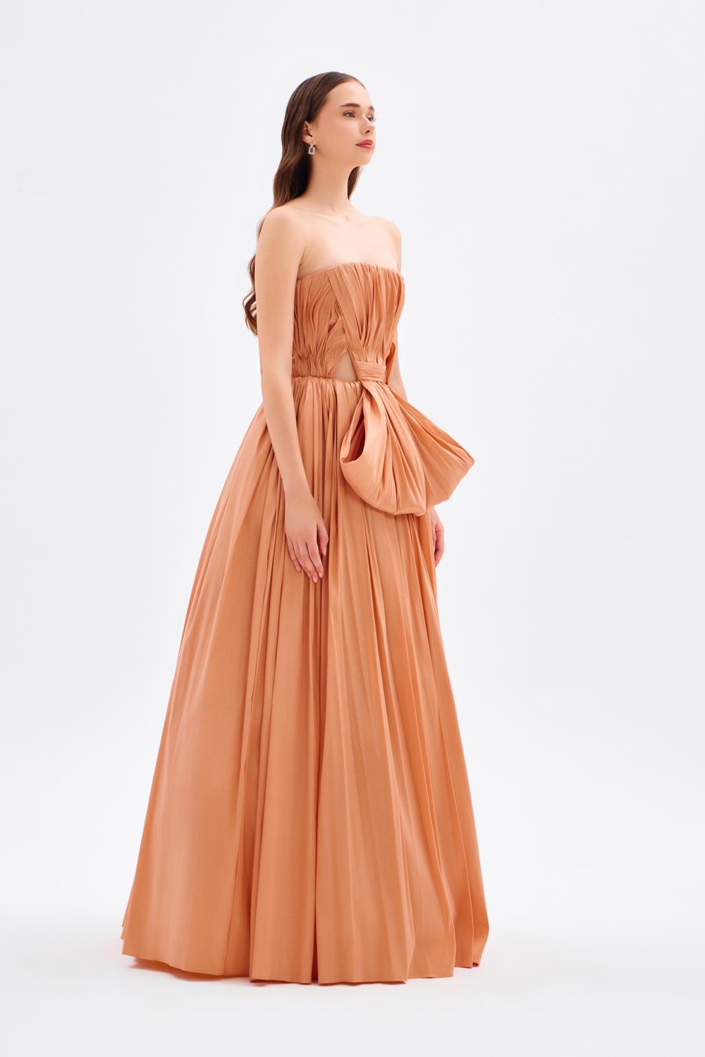 Drapeli Fiyonk Detaylı Uzun Abiye Elbise - 9197C