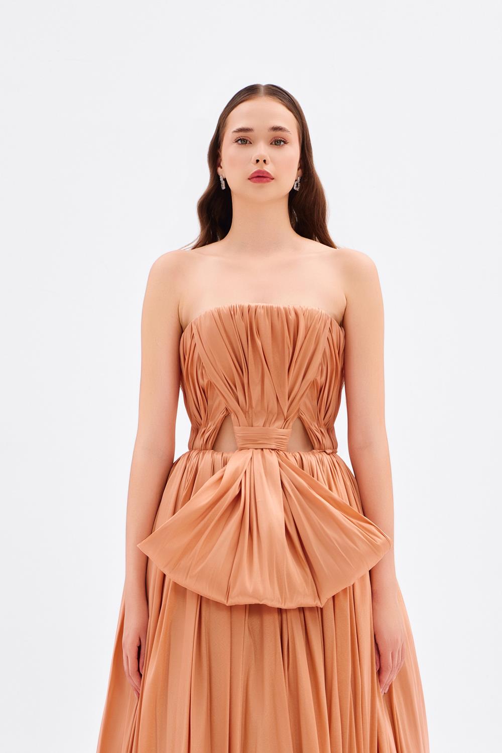 Drapeli Fiyonk Detaylı Uzun Abiye Elbise - 9197C