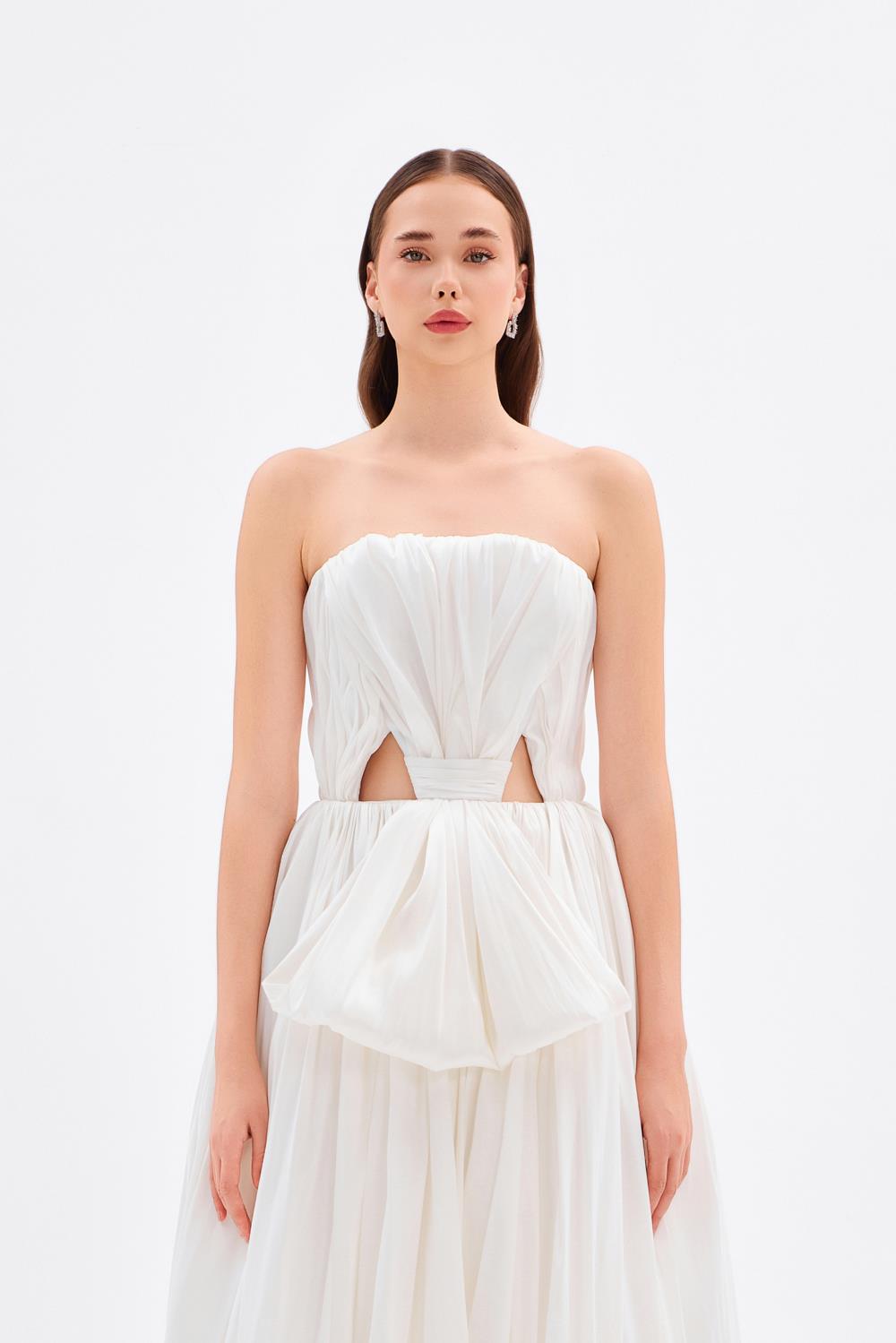 Drapeli Fiyonk Detaylı Uzun Abiye Elbise - 9197C