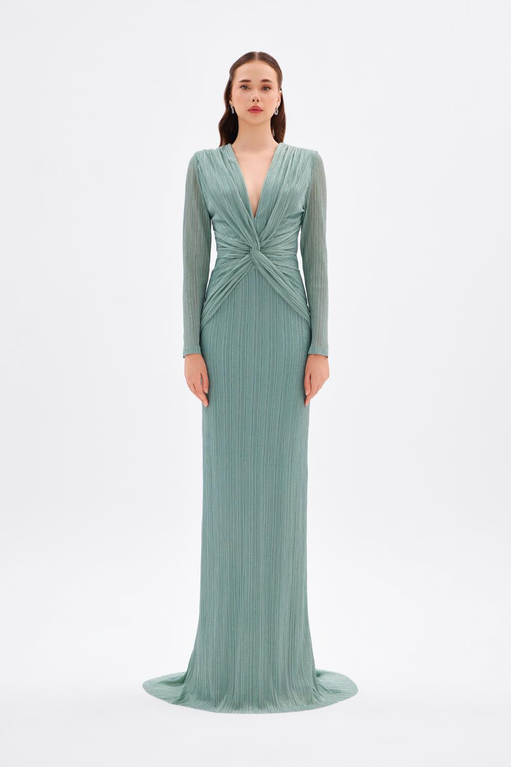 Düğüm Detaylı V Yaka Simli Uzun Abiye Elbise - 9120C