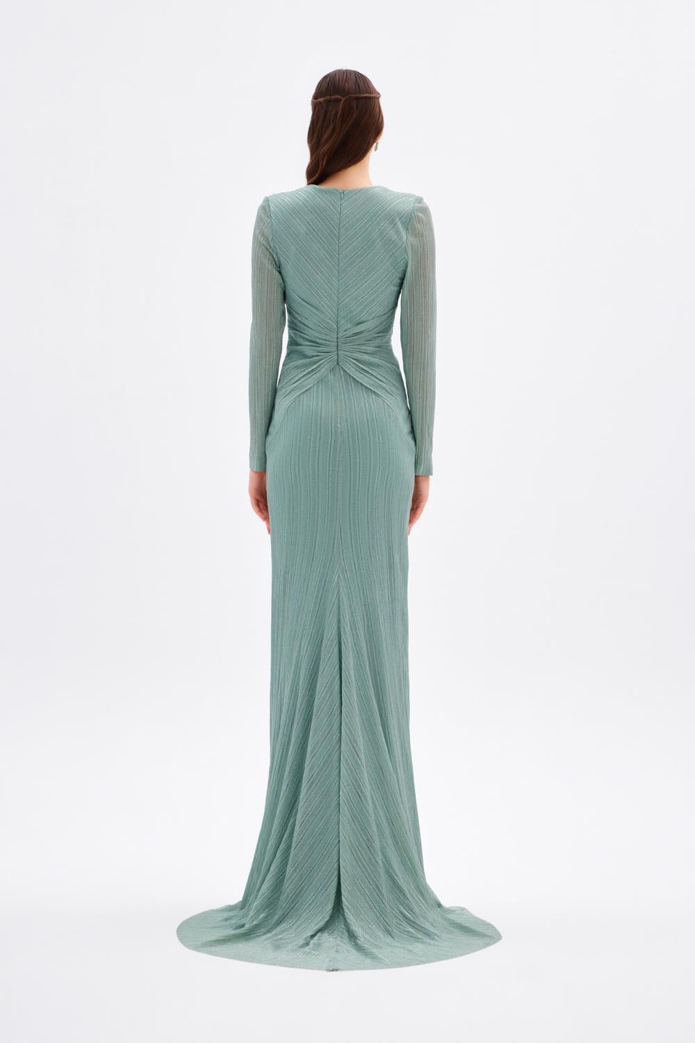 Düğüm Detaylı V Yaka Simli Uzun Abiye Elbise - 9120C