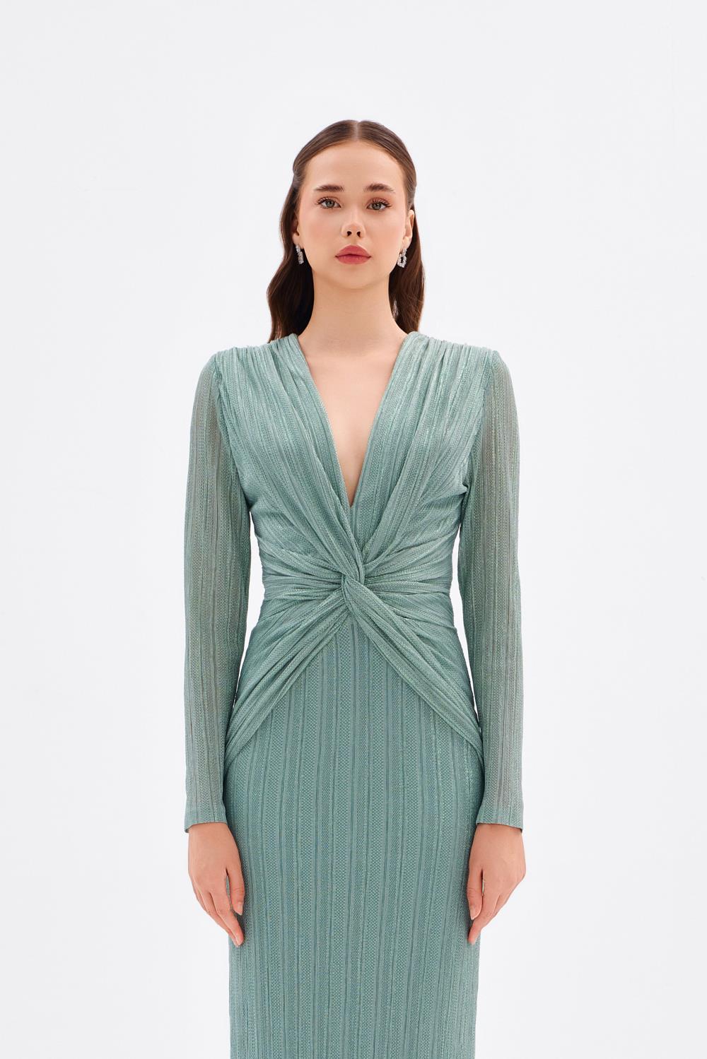 Düğüm Detaylı V Yaka Simli Uzun Abiye Elbise - 9120C