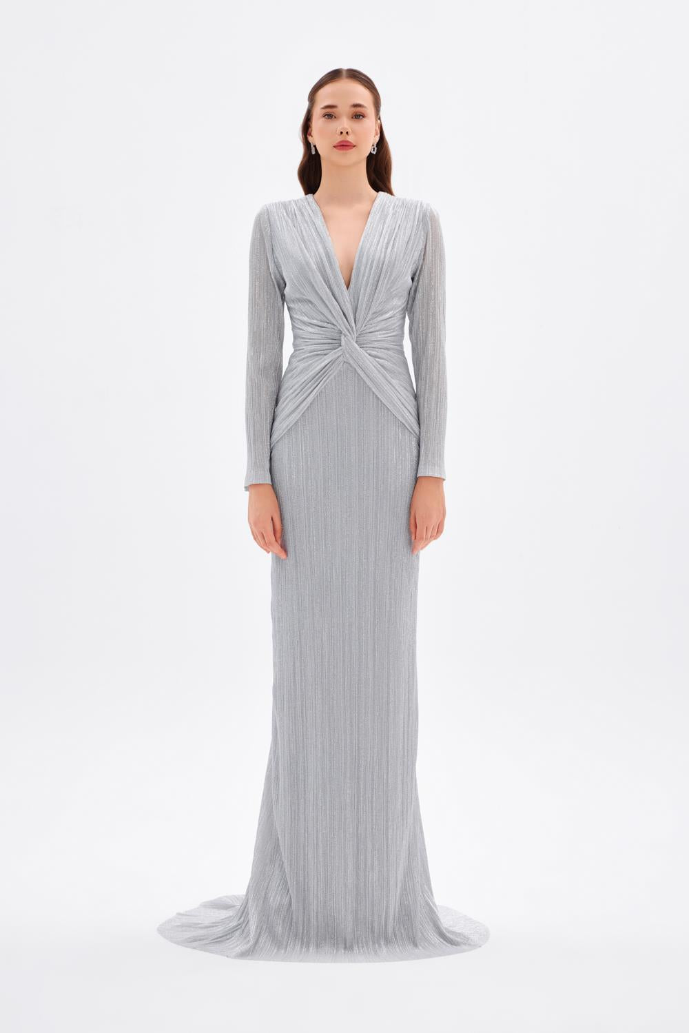 Düğüm Detaylı V Yaka Simli Uzun Abiye Elbise - 9120C