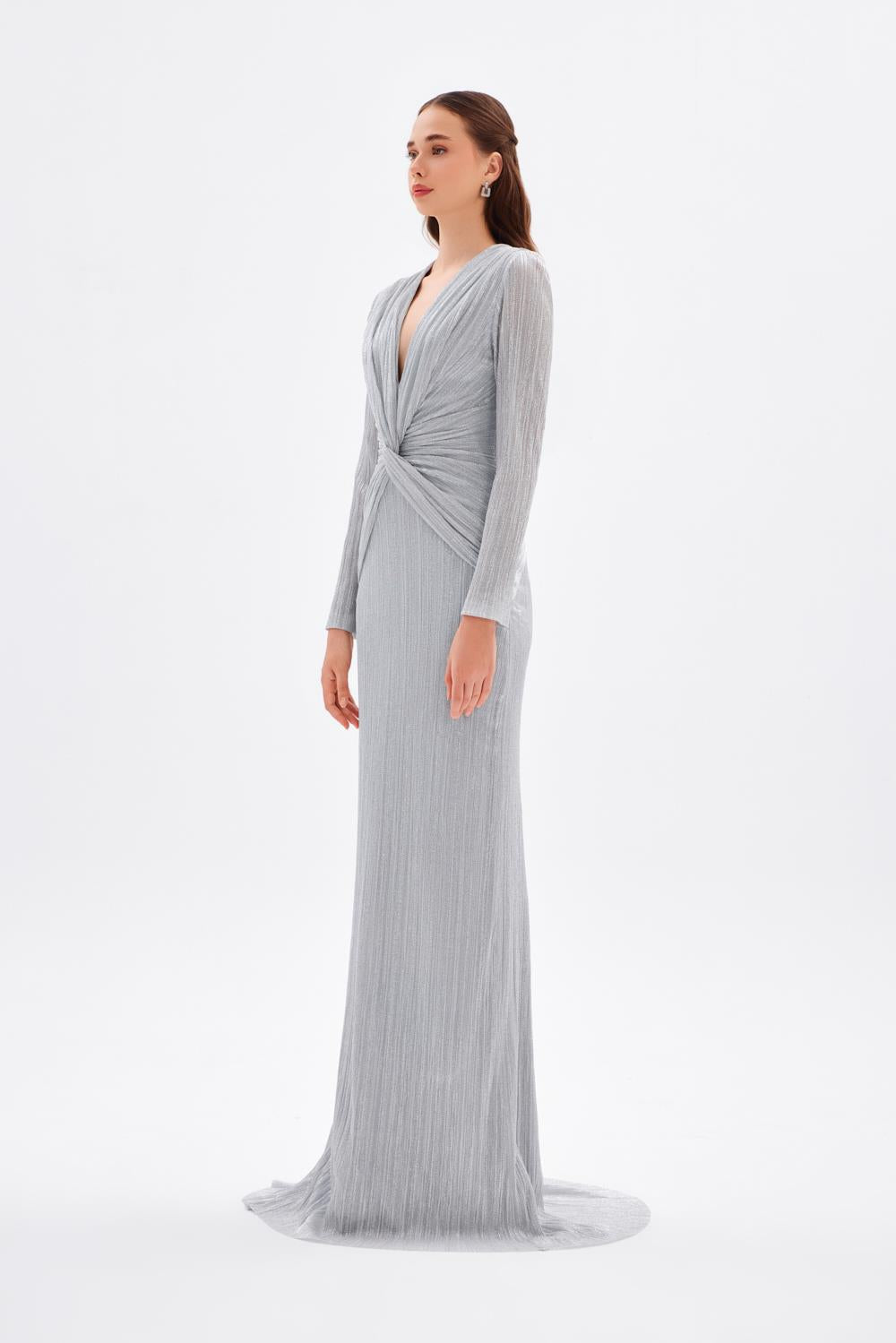 Düğüm Detaylı V Yaka Simli Uzun Abiye Elbise - 9120C