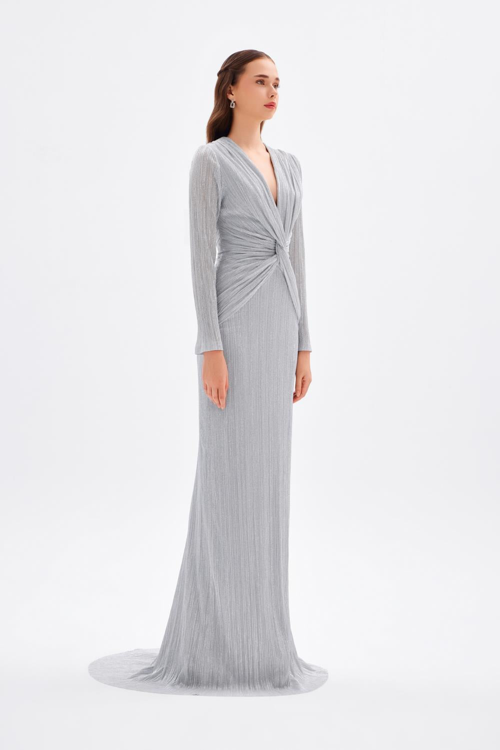 Düğüm Detaylı V Yaka Simli Uzun Abiye Elbise - 9120C