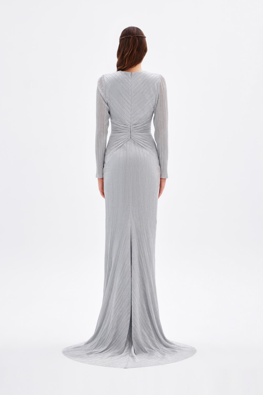 Düğüm Detaylı V Yaka Simli Uzun Abiye Elbise - 9120C