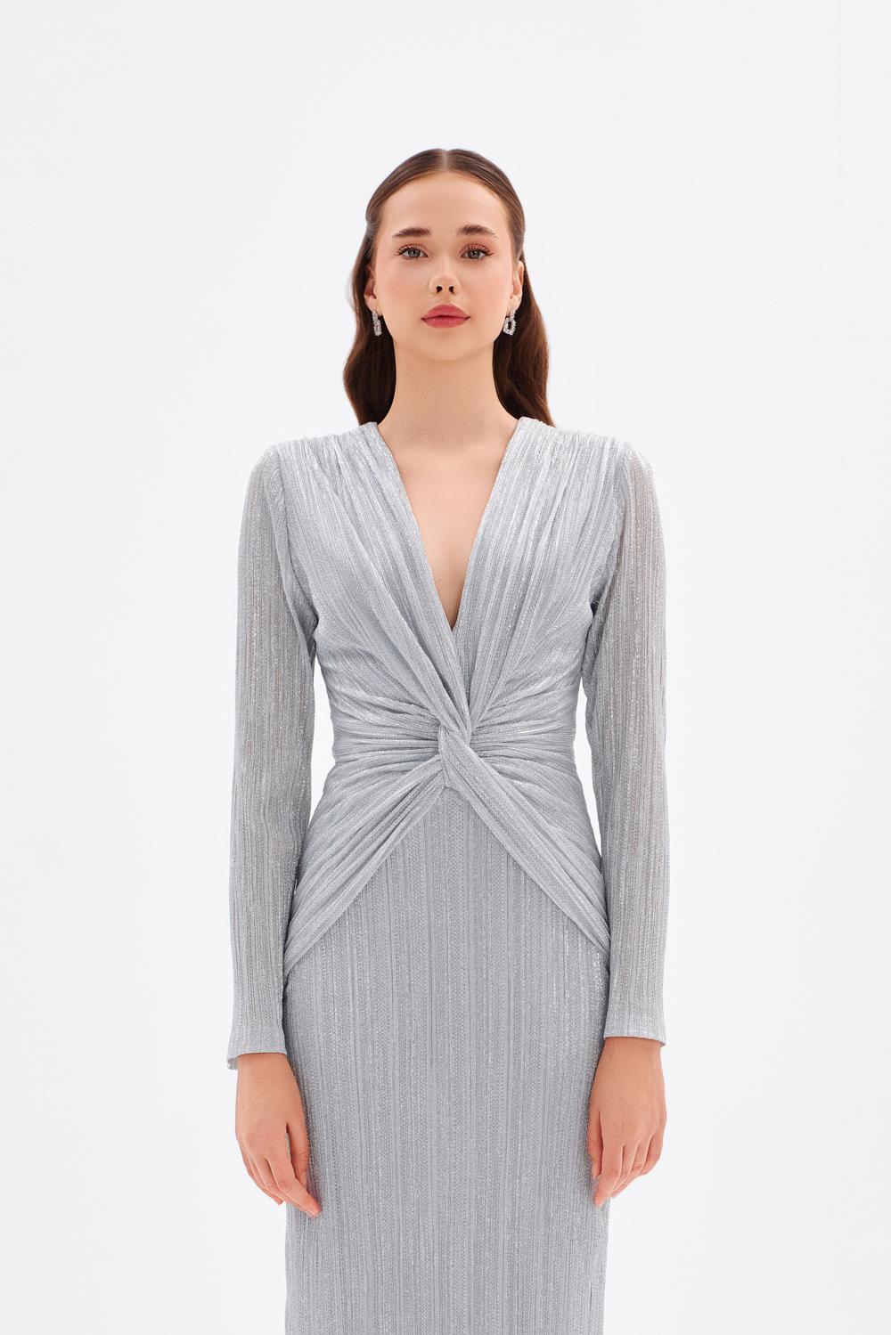 Düğüm Detaylı V Yaka Simli Uzun Abiye Elbise - 9120C