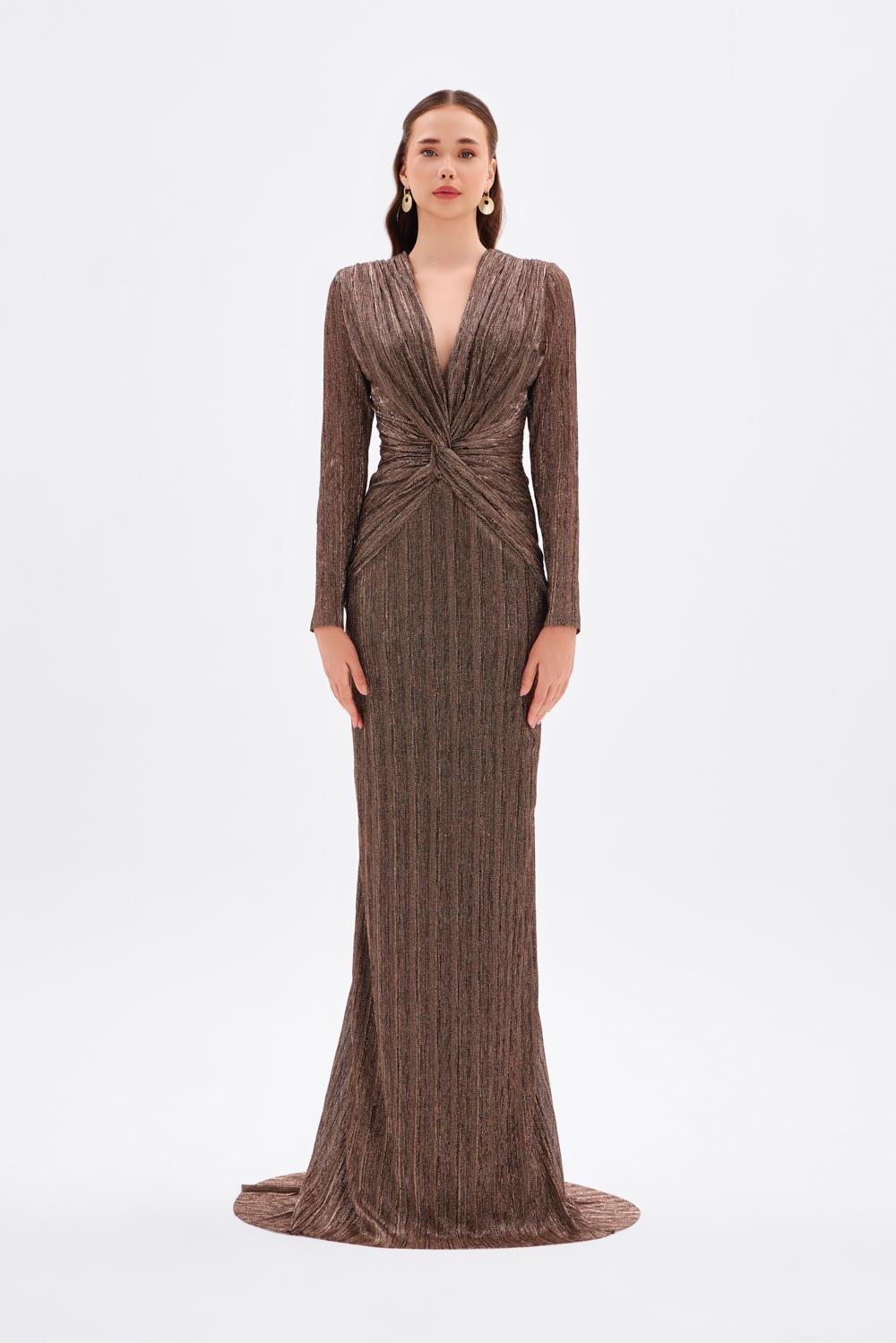 Düğüm Detaylı V Yaka Simli Uzun Abiye Elbise - 9120C