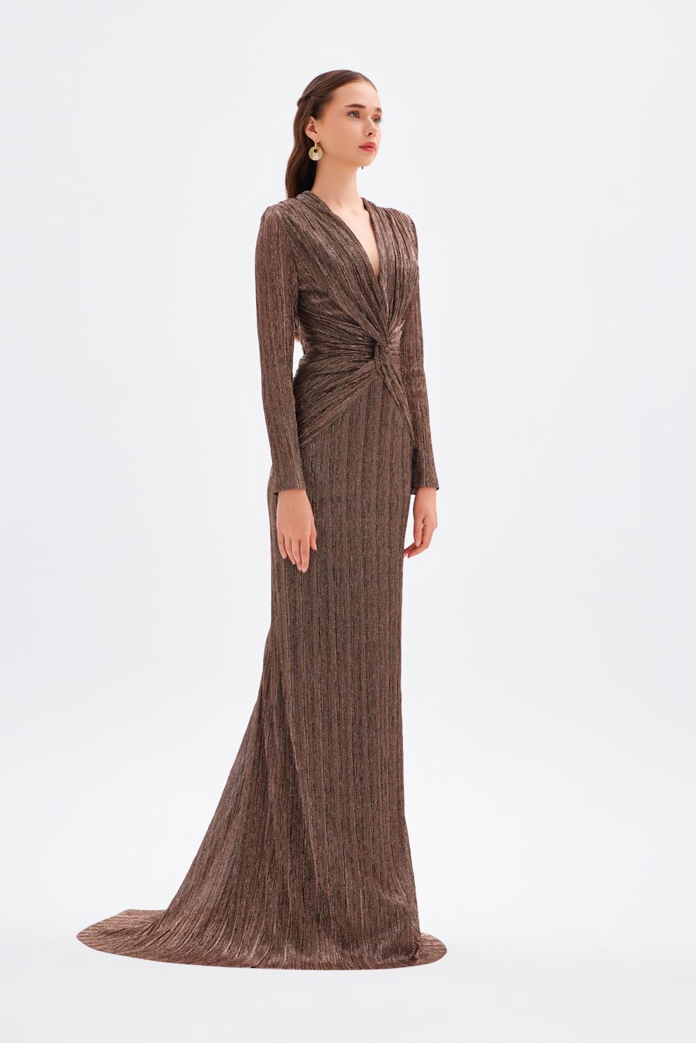 Düğüm Detaylı V Yaka Simli Uzun Abiye Elbise - 9120C