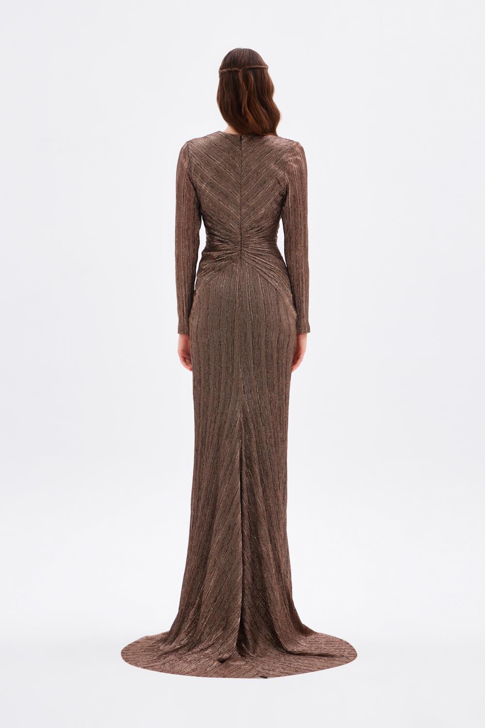 Düğüm Detaylı V Yaka Simli Uzun Abiye Elbise - 9120C