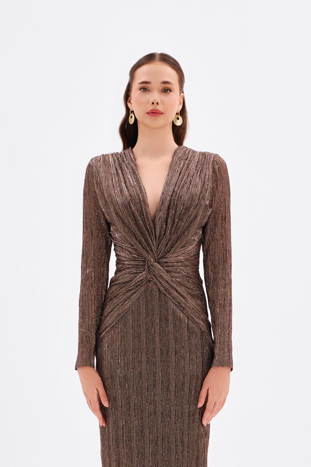 Düğüm Detaylı V Yaka Simli Uzun Abiye Elbise - 9120C