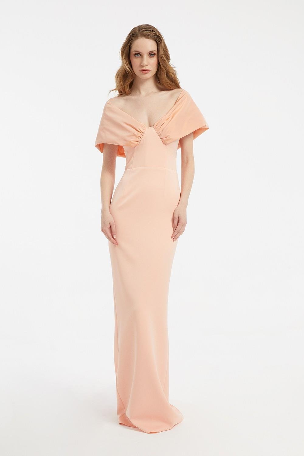 Düşük Omuzlu Fiyonk Detaylı Uzun Abiye Elbise - 5029C