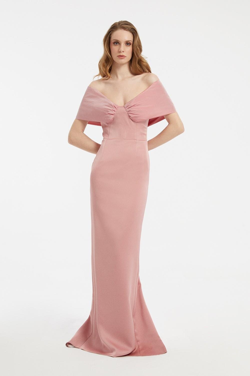 Düşük Omuzlu Fiyonk Detaylı Uzun Abiye Elbise - 5029C