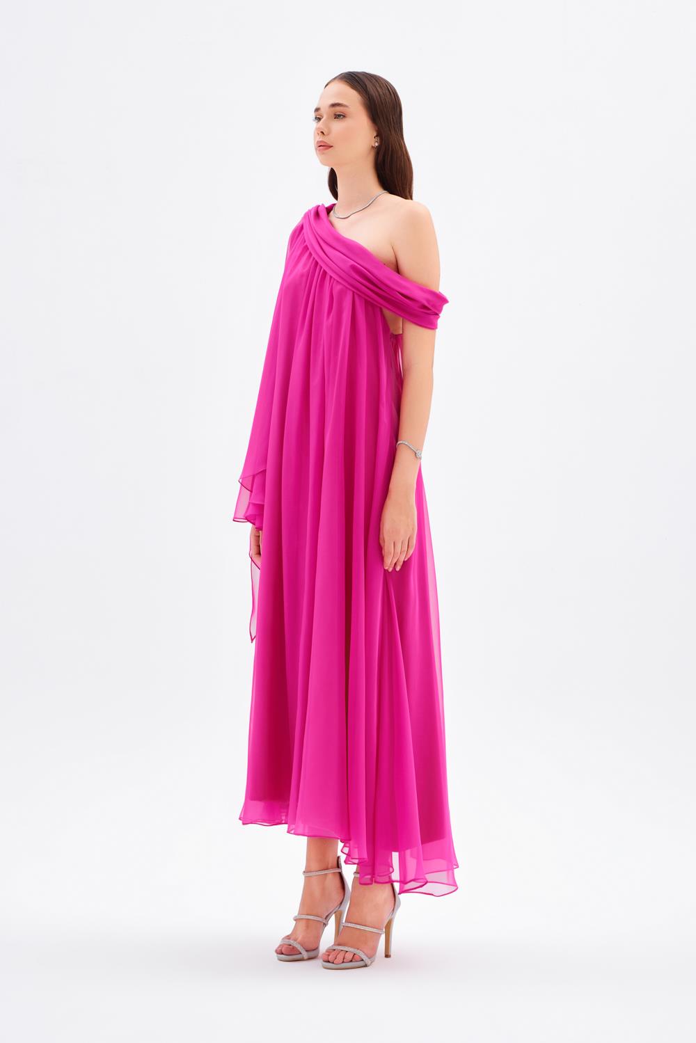 Düşük Omuzlu Şifon Midi Abiye Elbise - 9081C