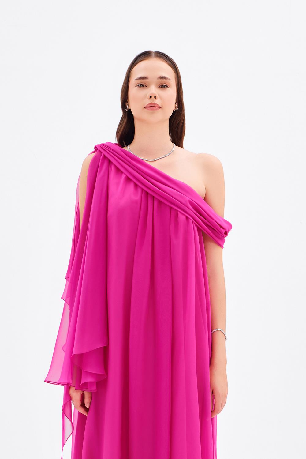 Düşük Omuzlu Şifon Midi Abiye Elbise - 9081C