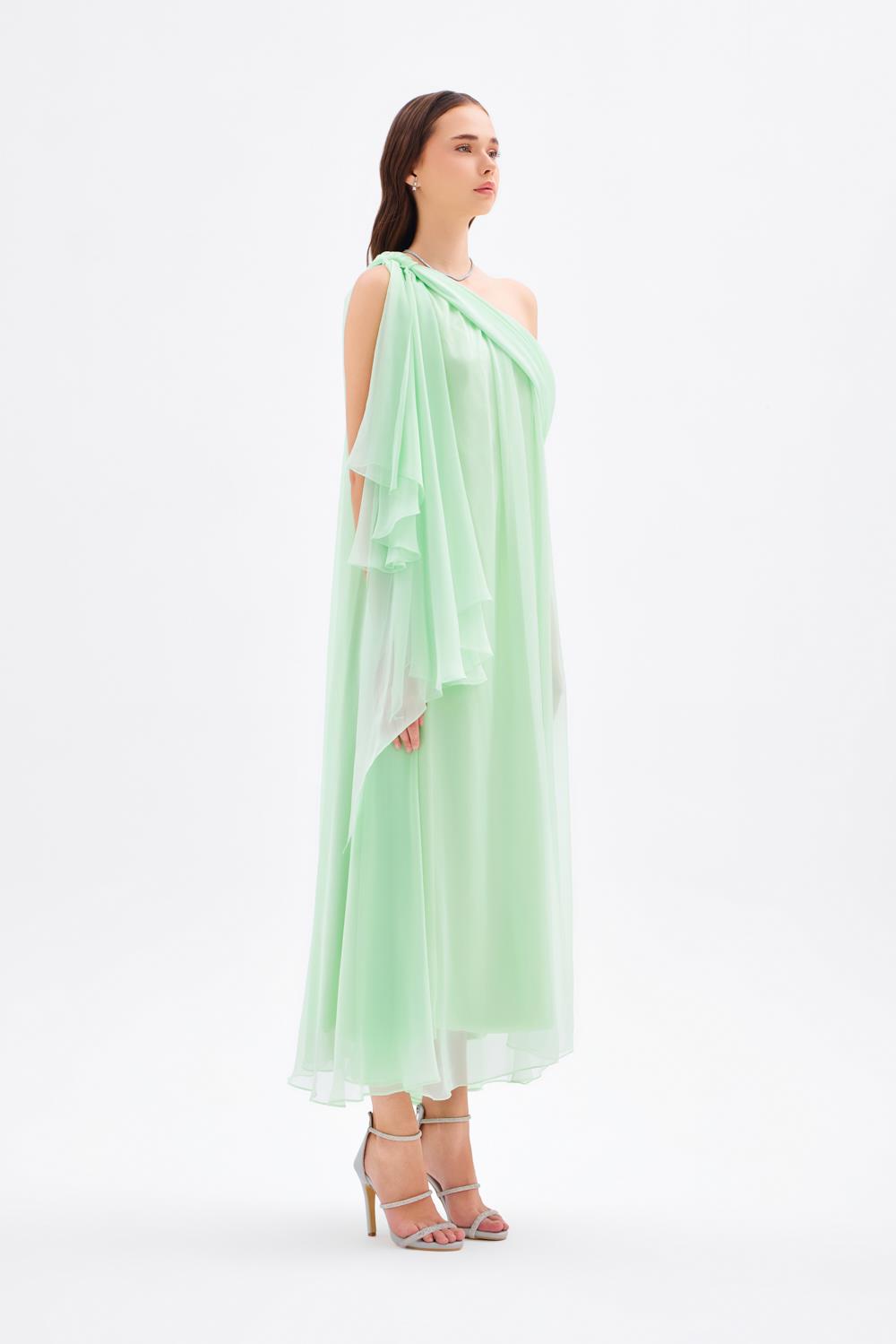 Düşük Omuzlu Şifon Midi Abiye Elbise - 9081C