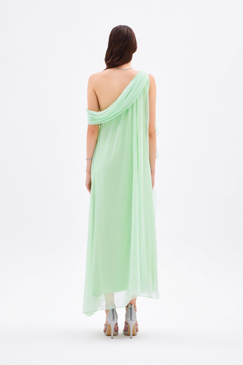 Düşük Omuzlu Şifon Midi Abiye Elbise - 9081C