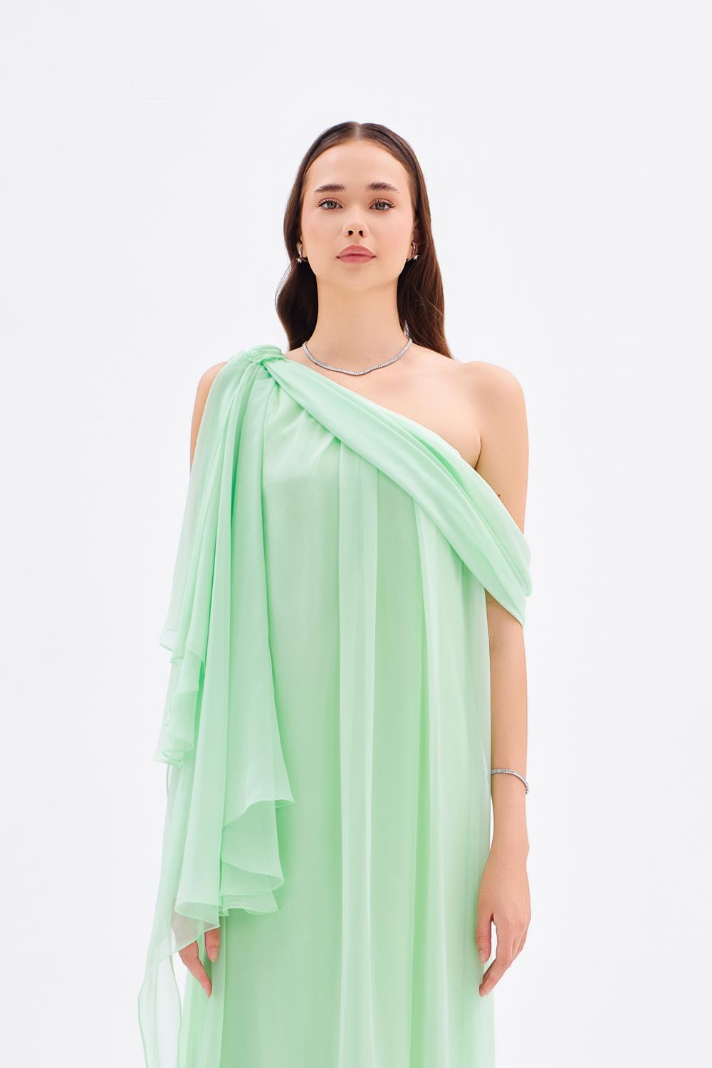 Düşük Omuzlu Şifon Midi Abiye Elbise - 9081C