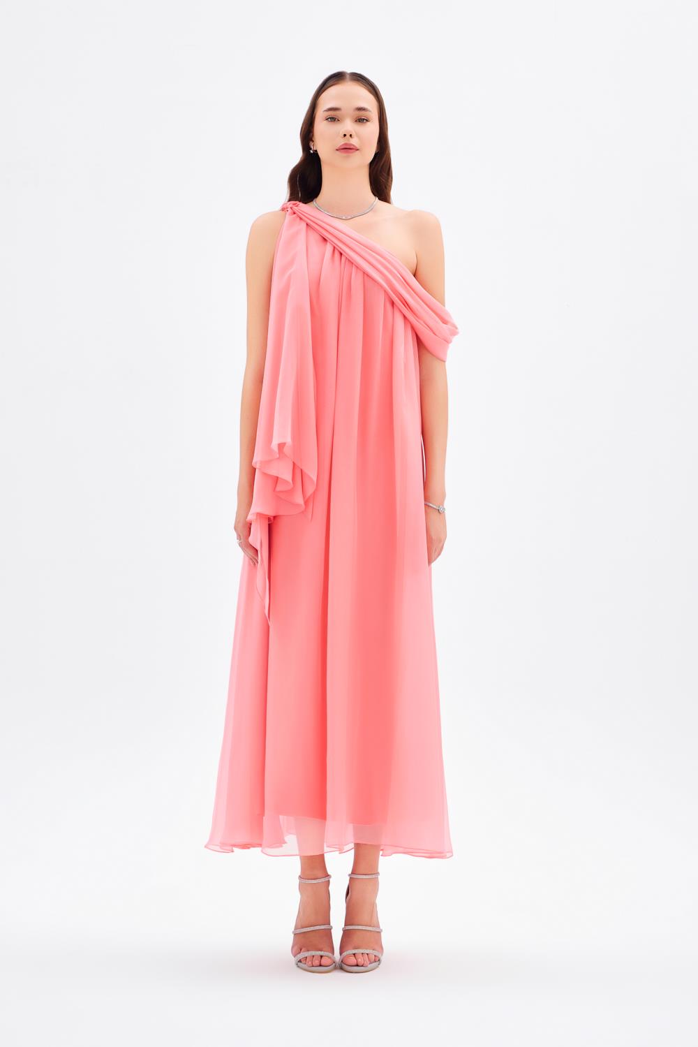 Düşük Omuzlu Şifon Midi Abiye Elbise - 9081C