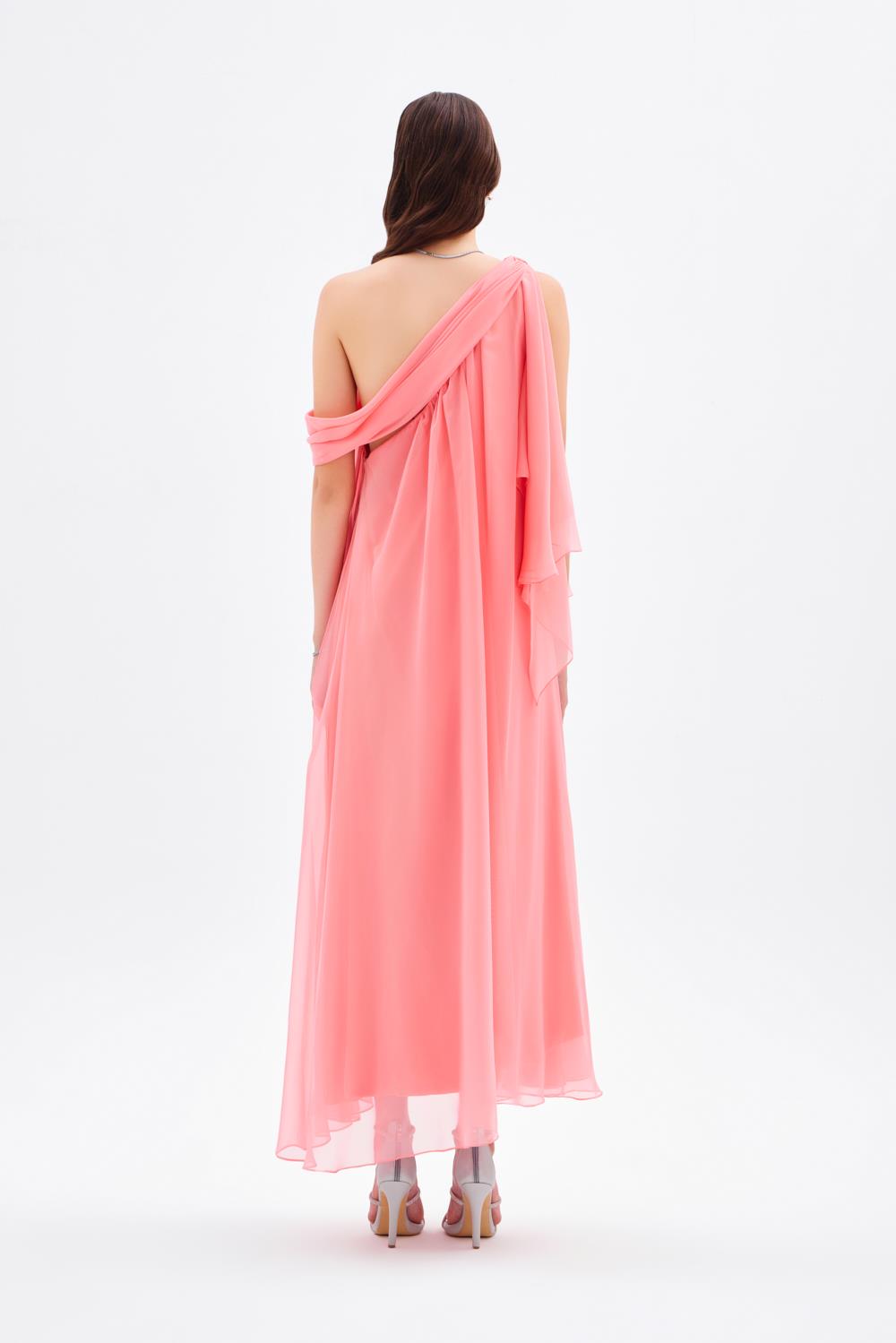 Düşük Omuzlu Şifon Midi Abiye Elbise - 9081C