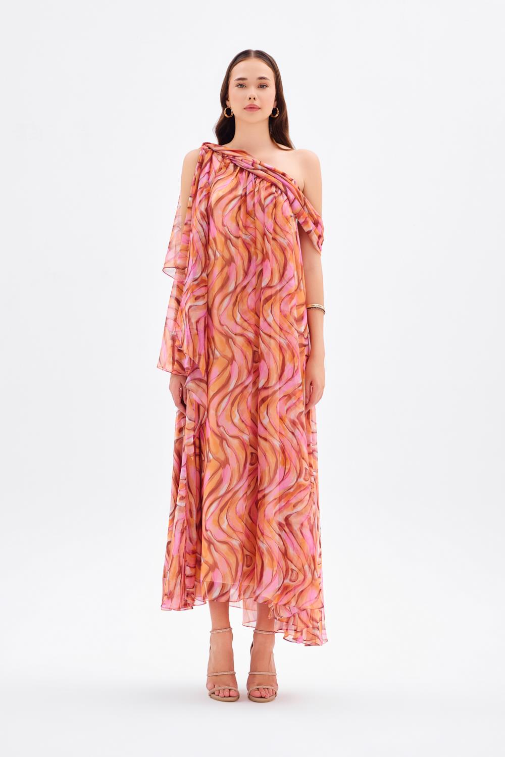 Düşük Omuzlu Şifon Midi Abiye Elbise - 9081C