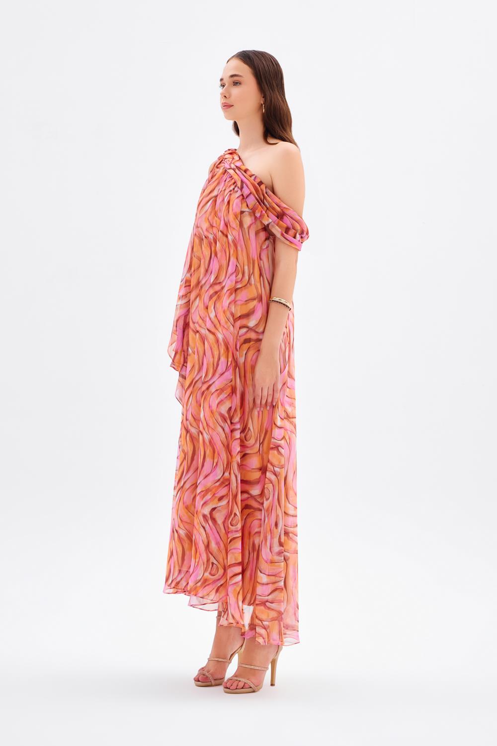 Düşük Omuzlu Şifon Midi Abiye Elbise - 9081C