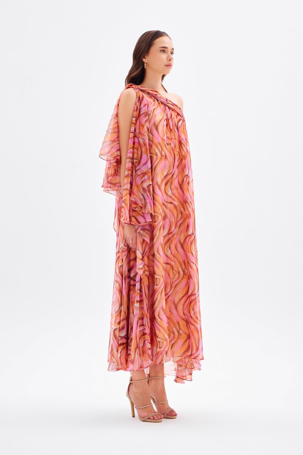 Düşük Omuzlu Şifon Midi Abiye Elbise - 9081C