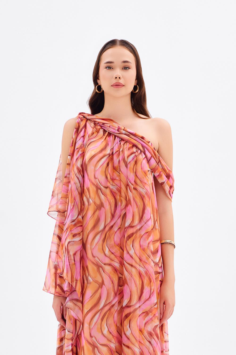 Düşük Omuzlu Şifon Midi Abiye Elbise - 9081C