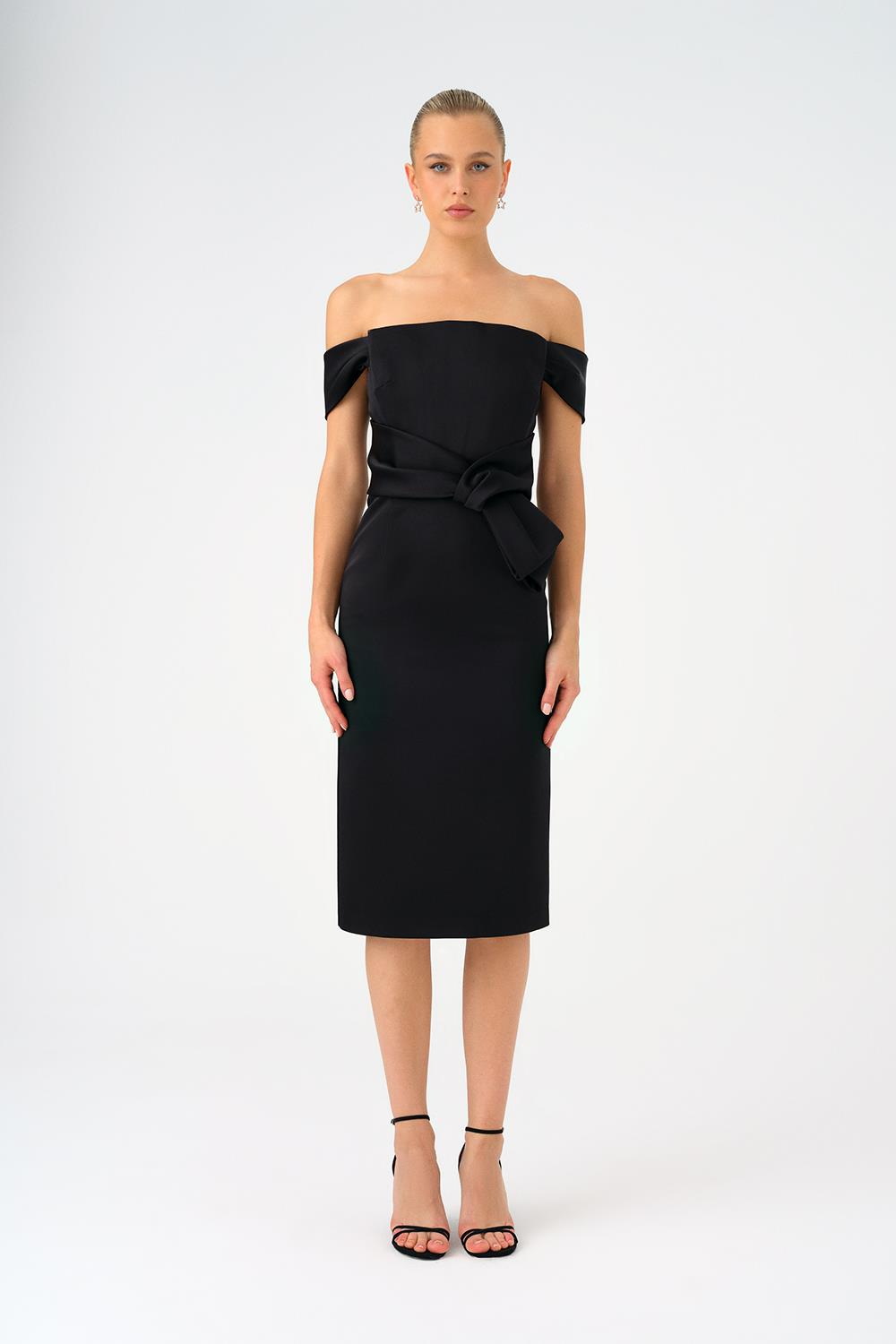 Düşük Omuzlu Straplez Saten Midi Abiye Elbise - 9155C