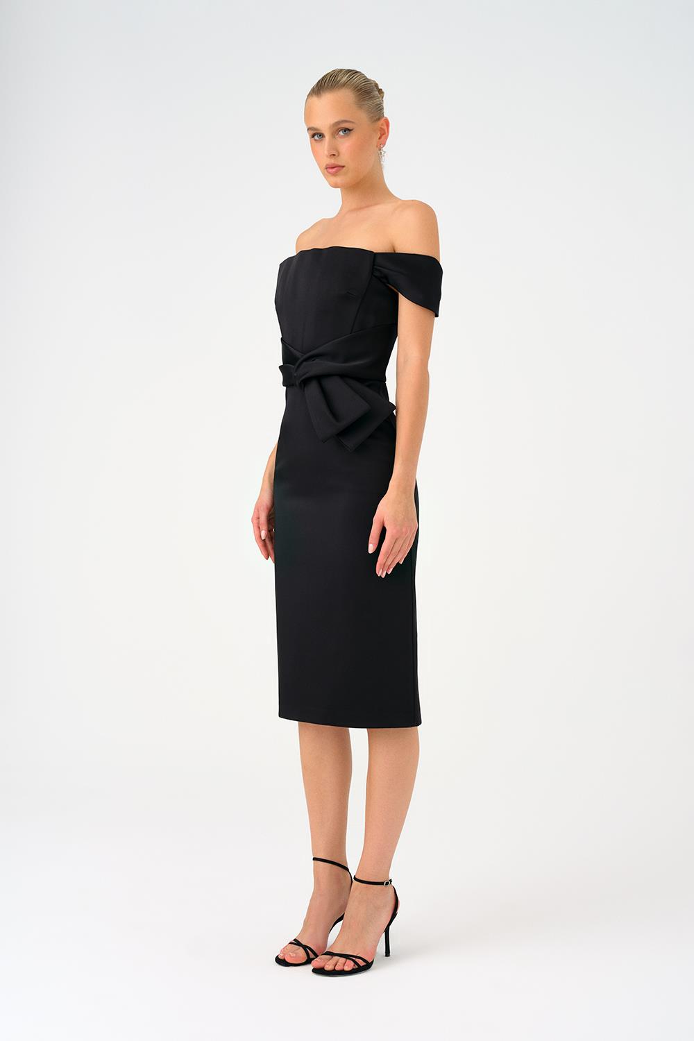 Düşük Omuzlu Straplez Saten Midi Abiye Elbise - 9155C