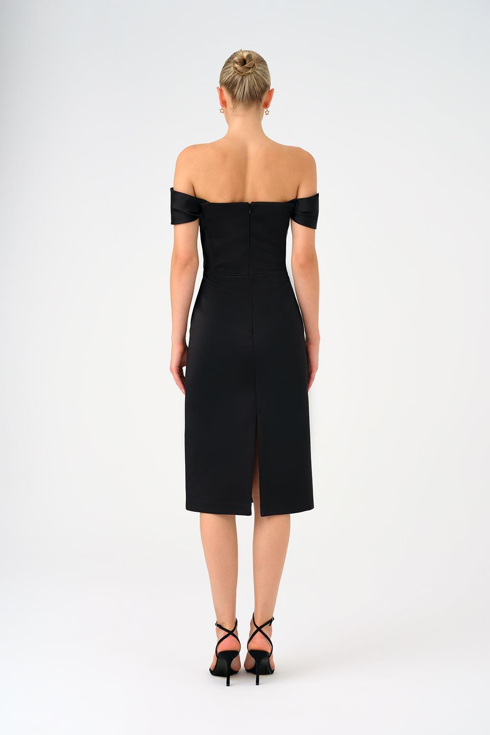 Düşük Omuzlu Straplez Saten Midi Abiye Elbise - 9155C