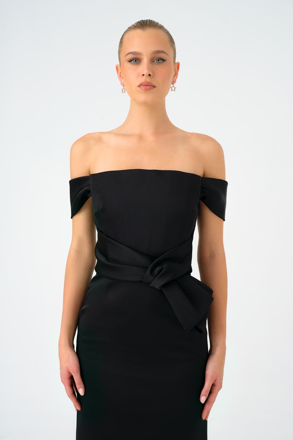 Düşük Omuzlu Straplez Saten Midi Abiye Elbise - 9155C