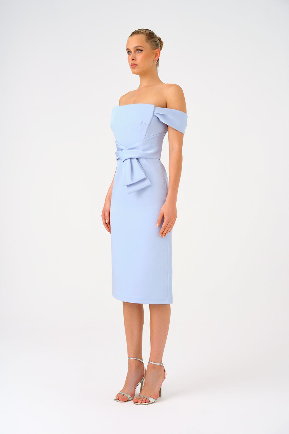 Düşük Omuzlu Straplez Saten Midi Abiye Elbise - 9155C