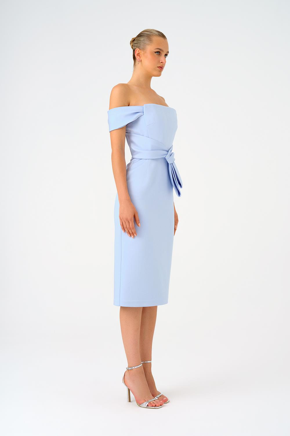 Düşük Omuzlu Straplez Saten Midi Abiye Elbise - 9155C