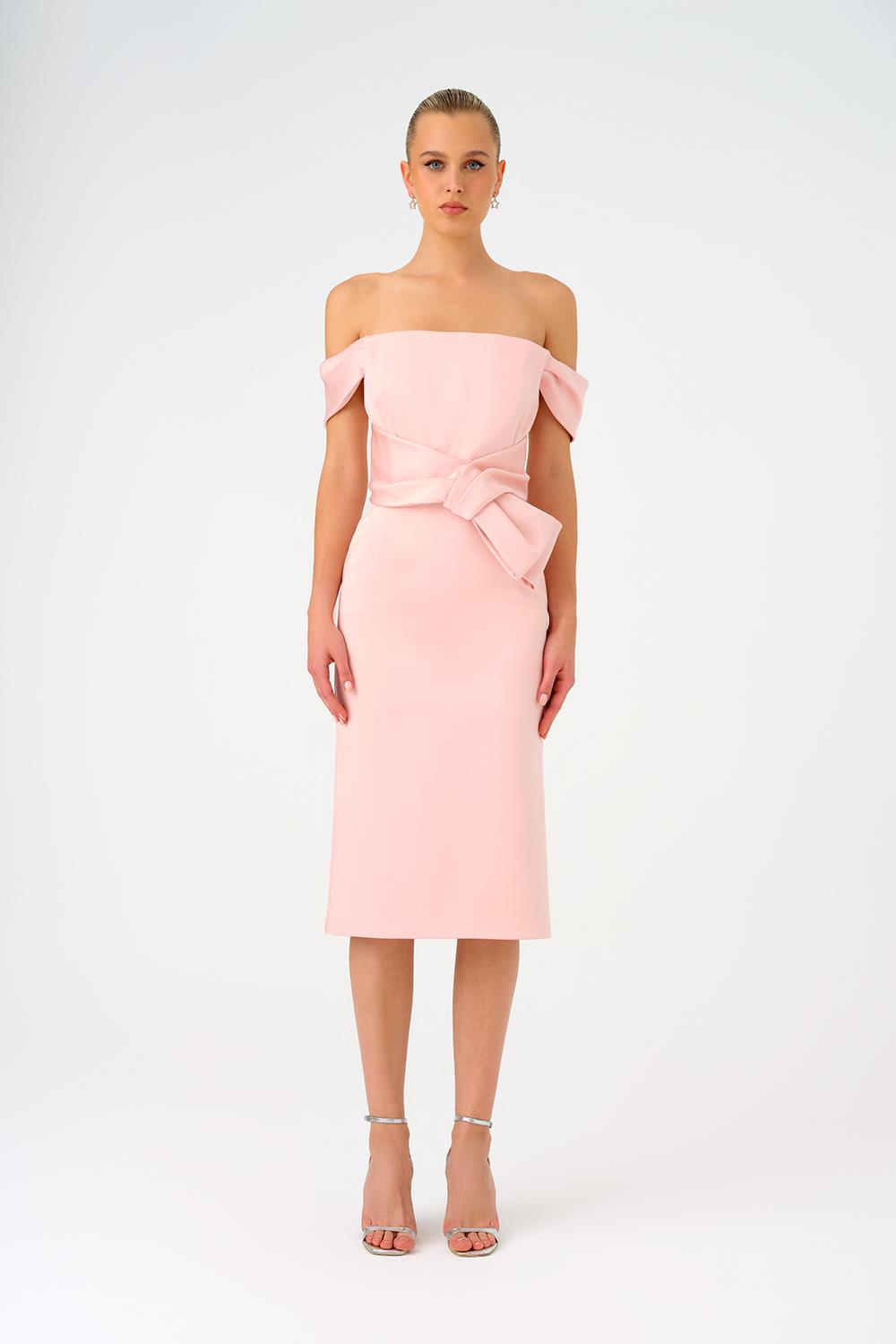 Düşük Omuzlu Straplez Saten Midi Abiye Elbise - 9155C