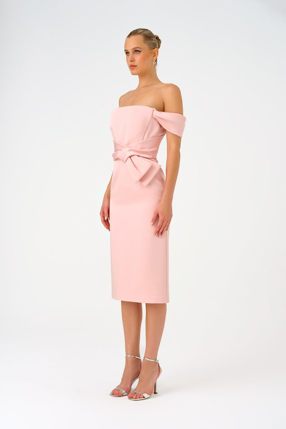 Düşük Omuzlu Straplez Saten Midi Abiye Elbise - 9155C