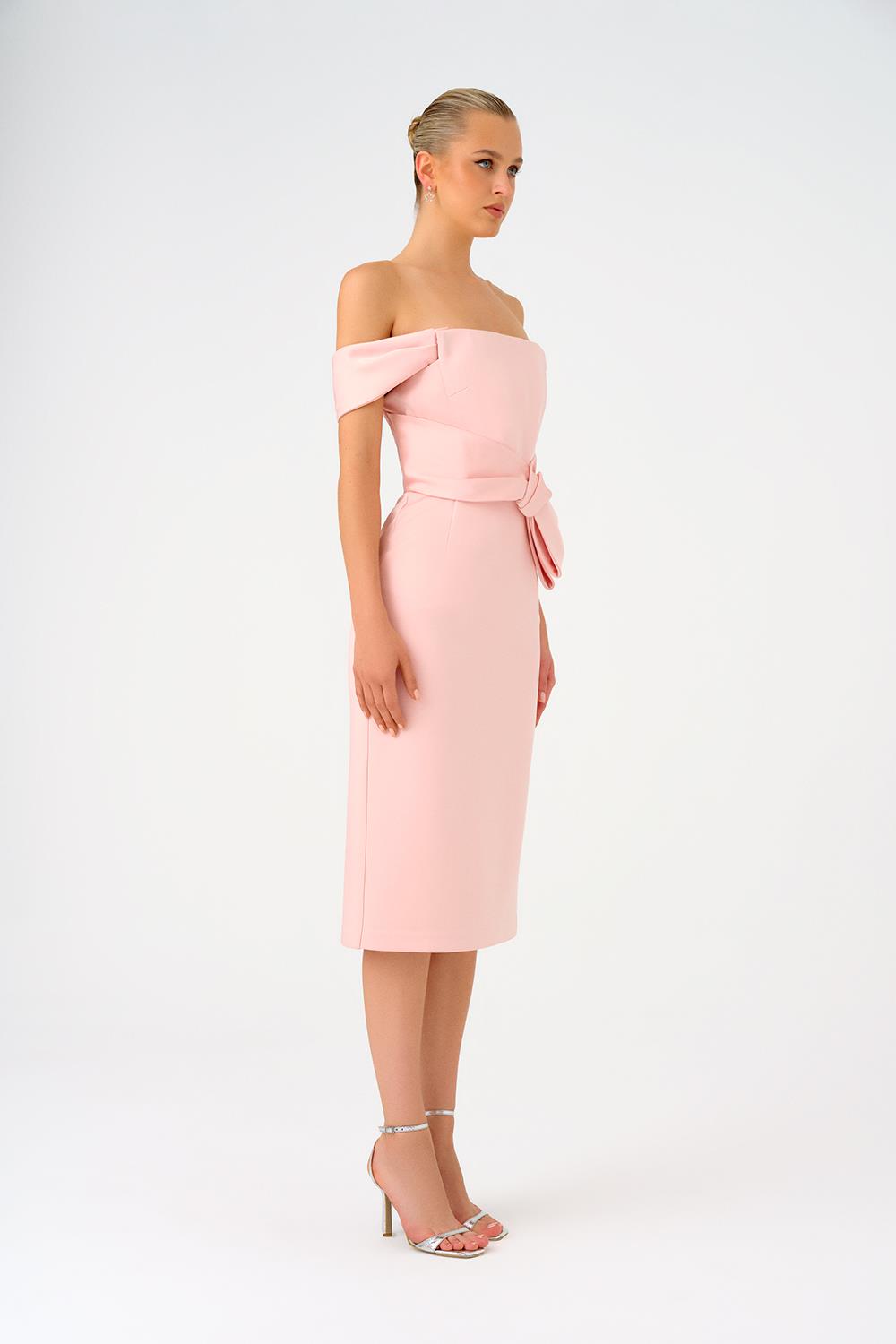 Düşük Omuzlu Straplez Saten Midi Abiye Elbise - 9155C