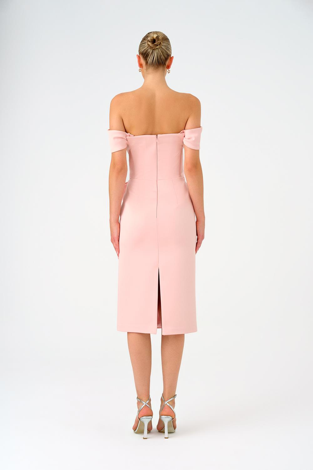 Düşük Omuzlu Straplez Saten Midi Abiye Elbise - 9155C