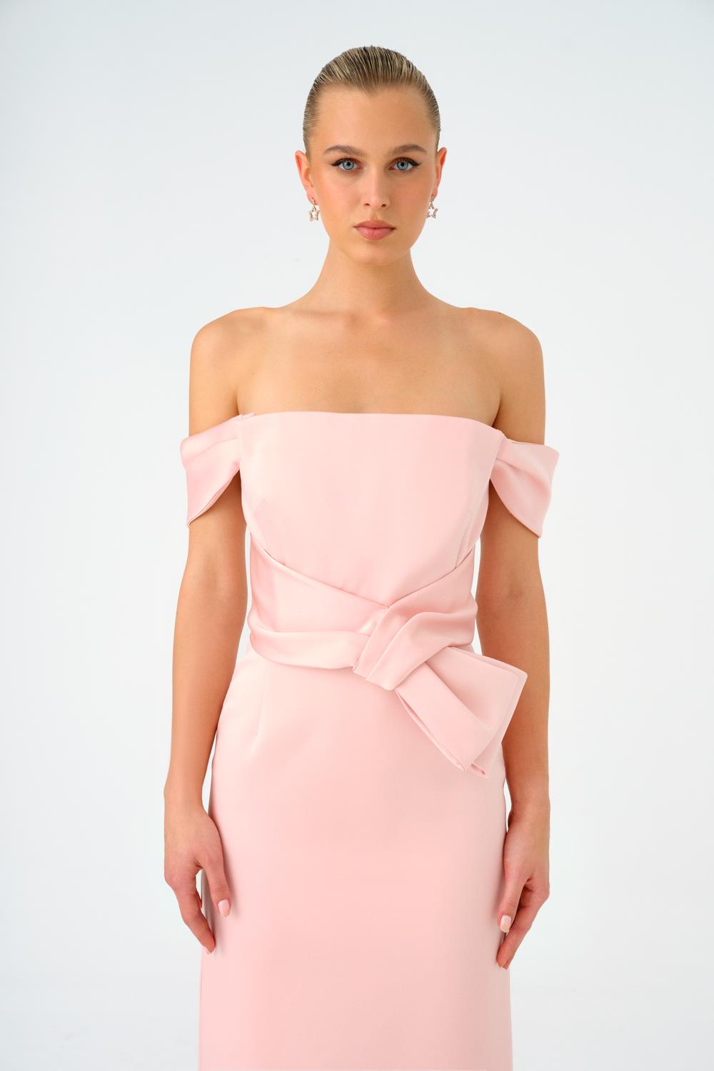 Düşük Omuzlu Straplez Saten Midi Abiye Elbise - 9155C