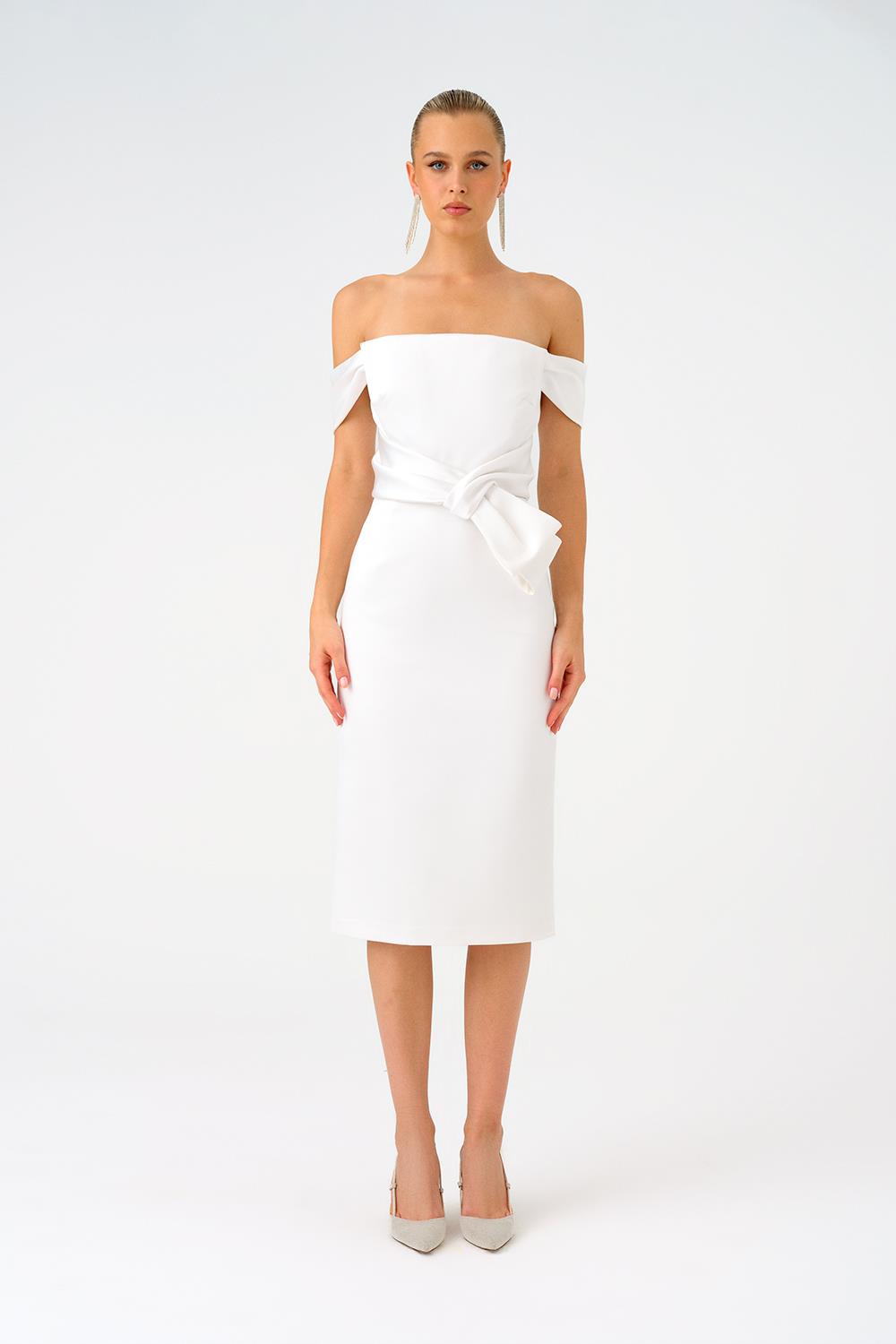 Düşük Omuzlu Straplez Saten Midi Abiye Elbise - 9155C