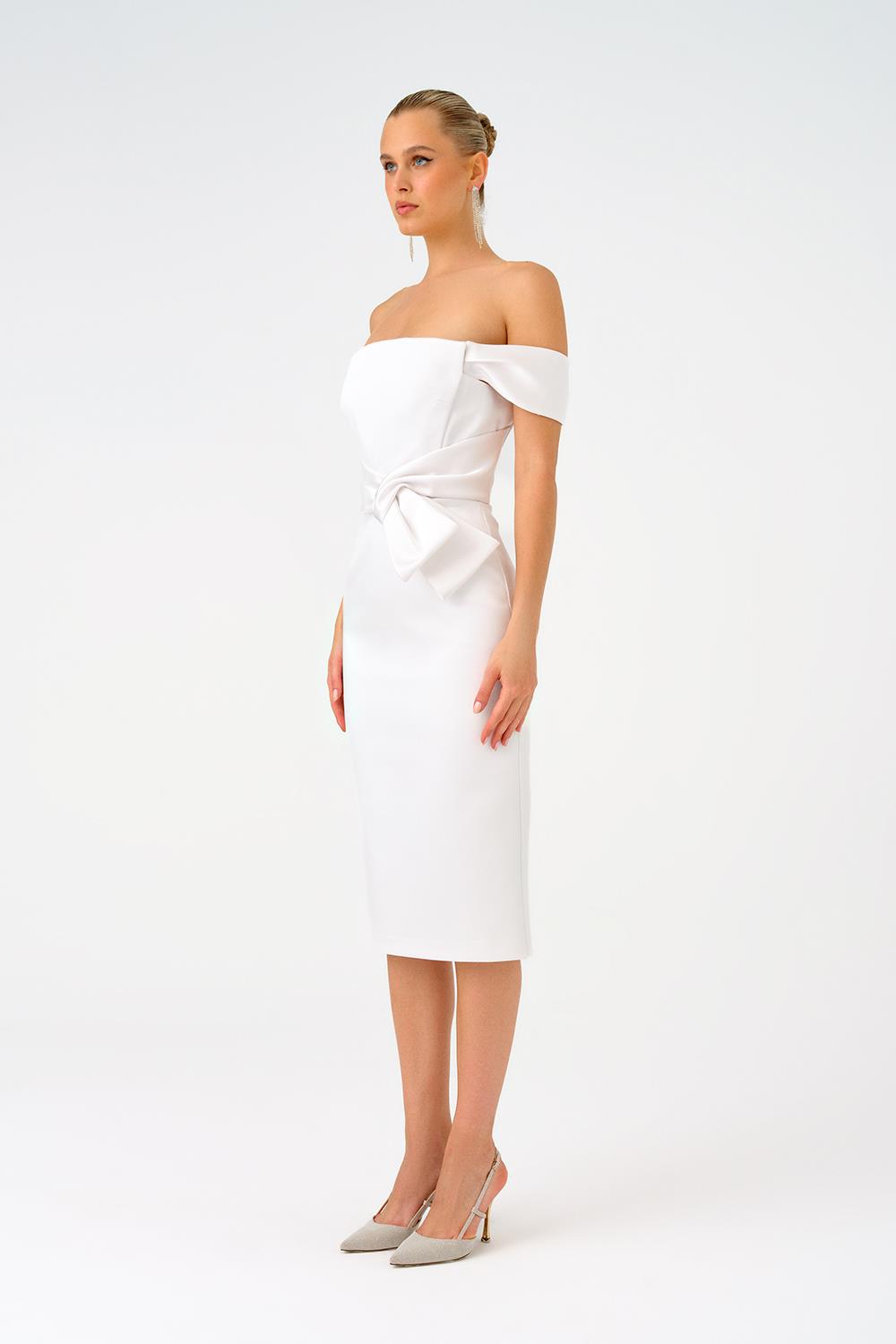 Düşük Omuzlu Straplez Saten Midi Abiye Elbise - 9155C