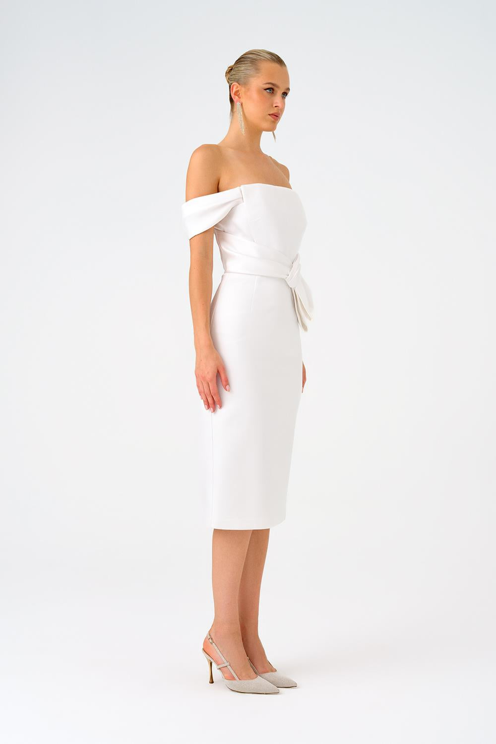 Düşük Omuzlu Straplez Saten Midi Abiye Elbise - 9155C