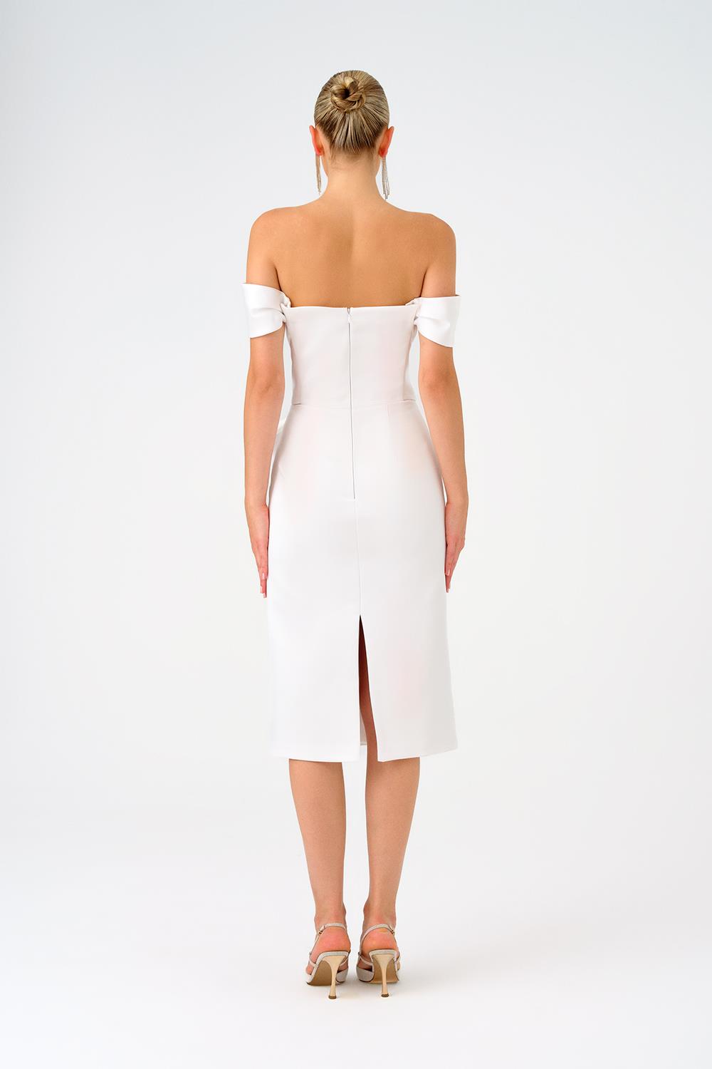 Düşük Omuzlu Straplez Saten Midi Abiye Elbise - 9155C