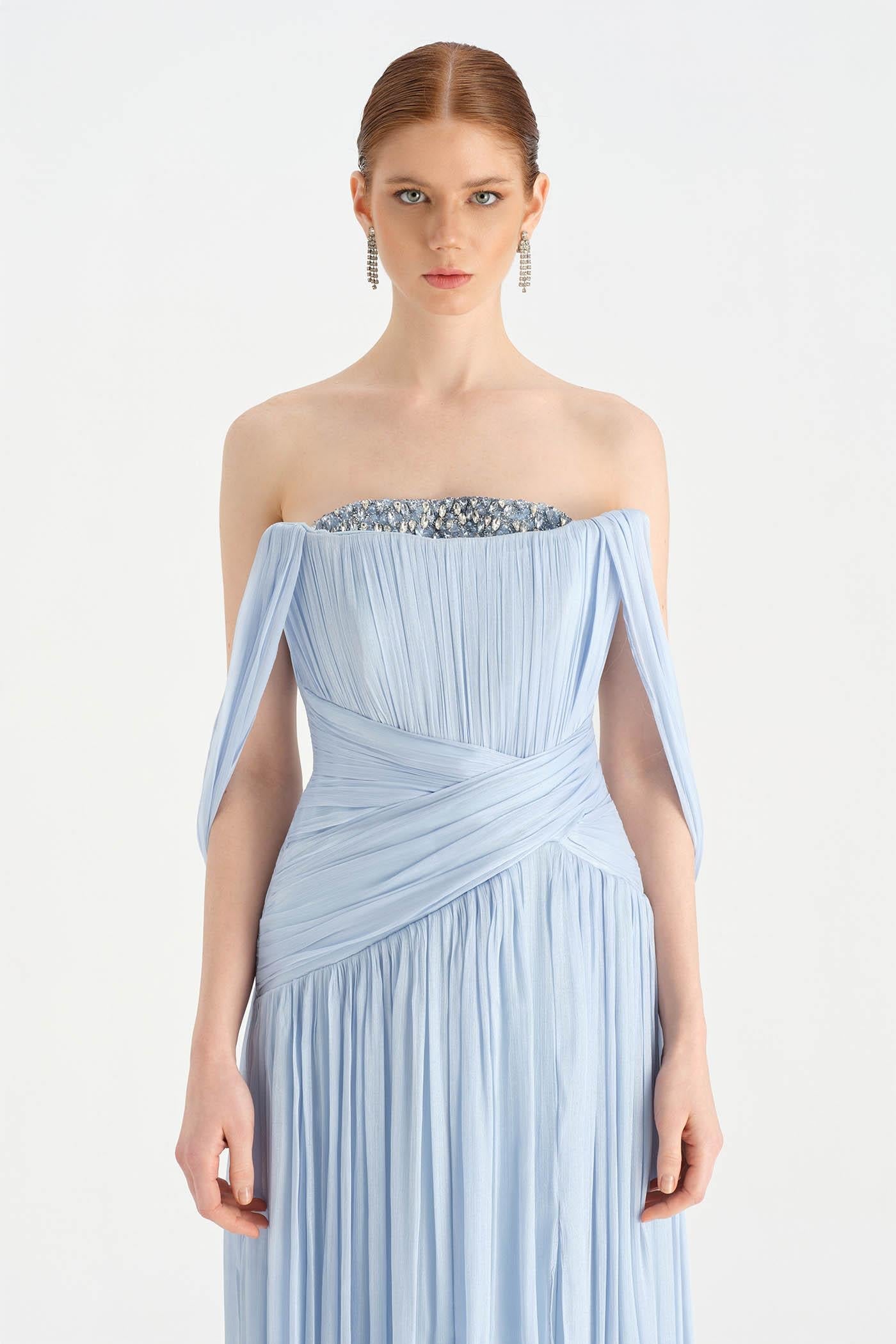 High-Slit Organza Evening Dress with Shawl Detail - 26020C