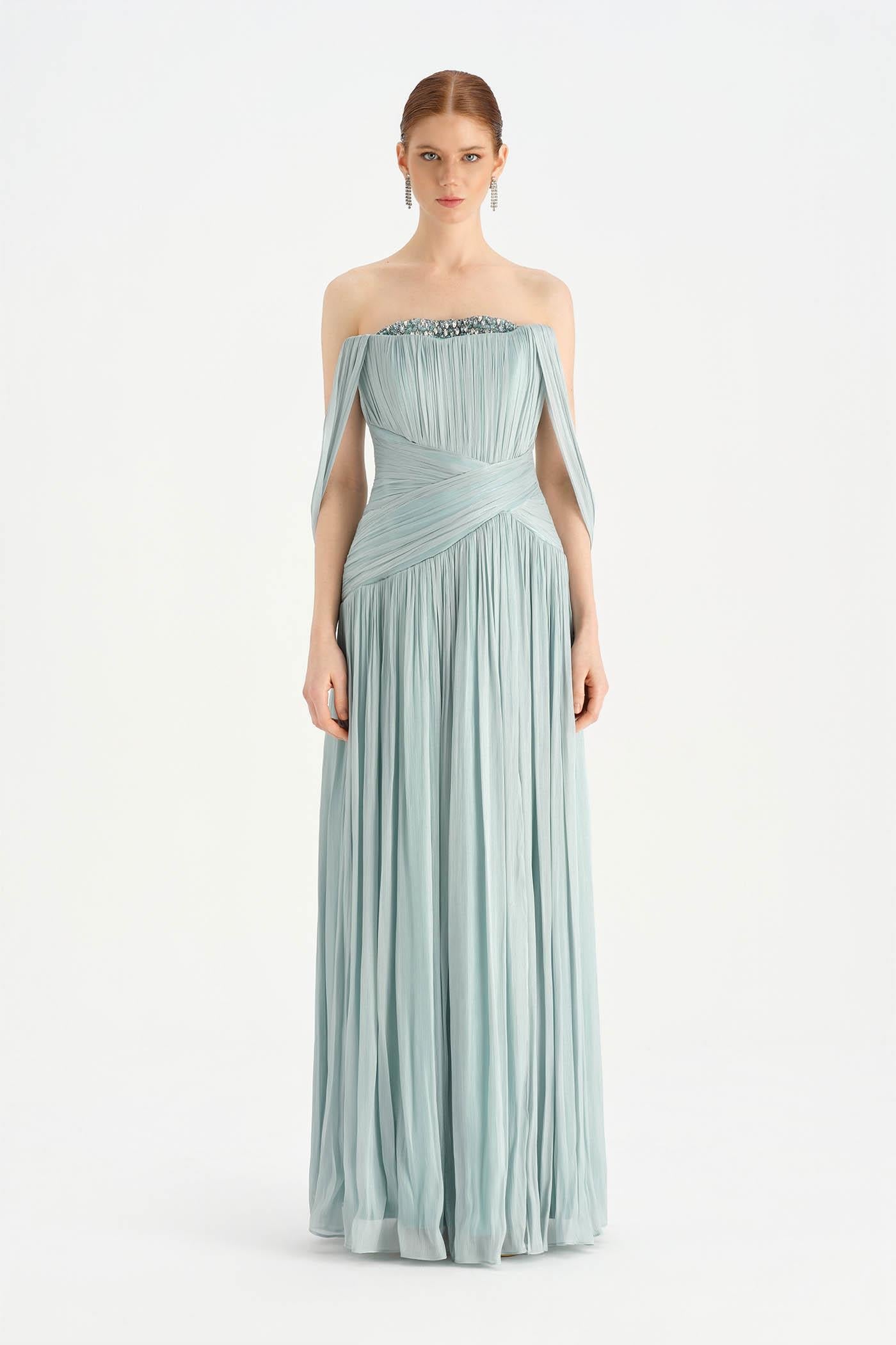 High-Slit Organza Evening Dress with Shawl Detail - 26020C