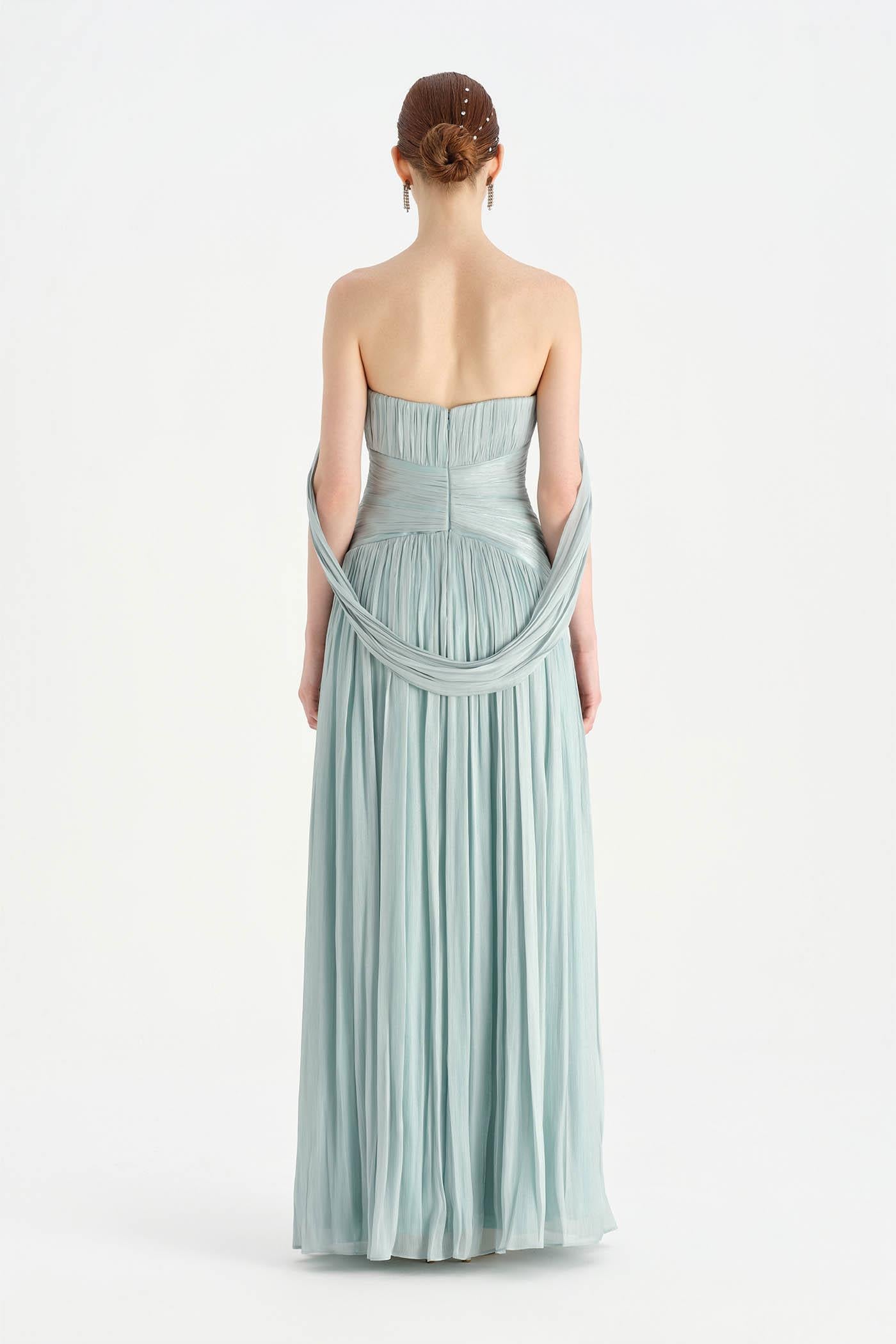 High-Slit Organza Evening Dress with Shawl Detail - 26020C