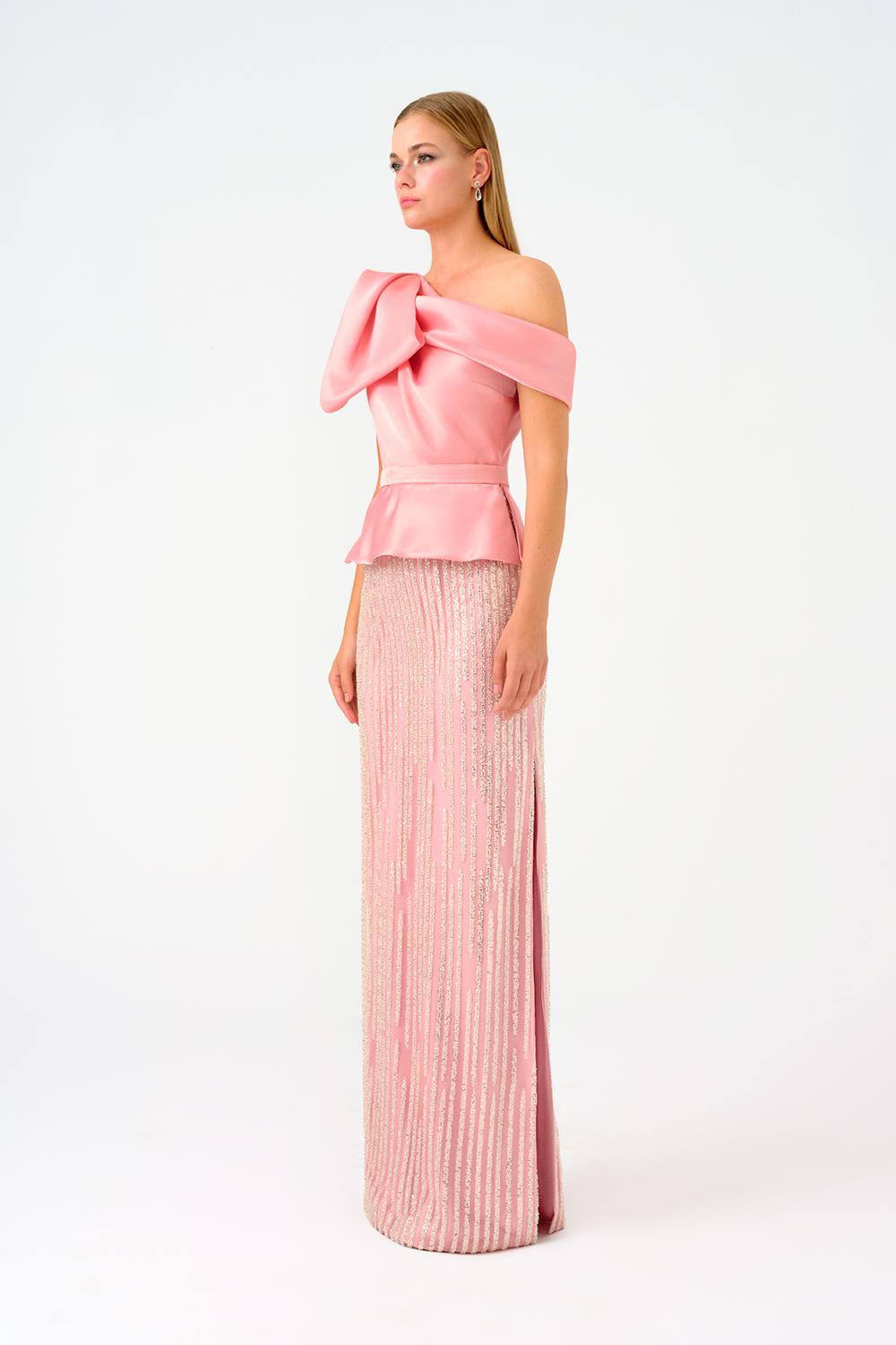 Fiyonk Detaylı Asimetrik Yaka Uzun Abiye Elbise - 9041C